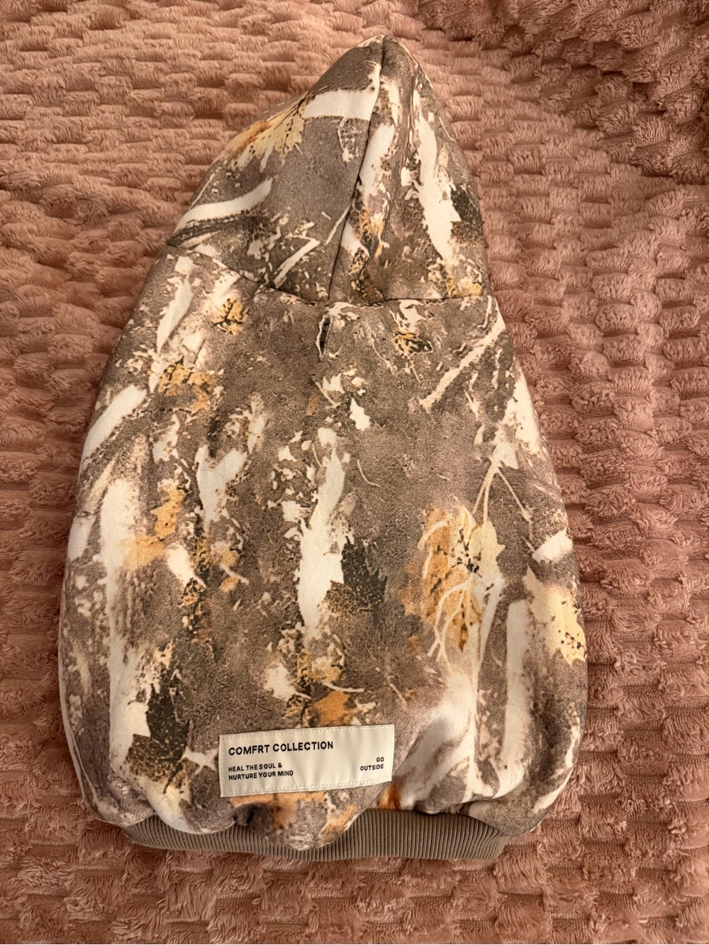 Comfirt Plush Hoodie in Taupe, Cream & Mustard Marble Print